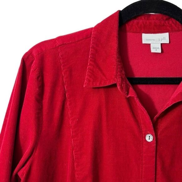 J. Jill M red corduroy fine wale cotton soft button front long sleeve tunic shir - Picture 2 of 11